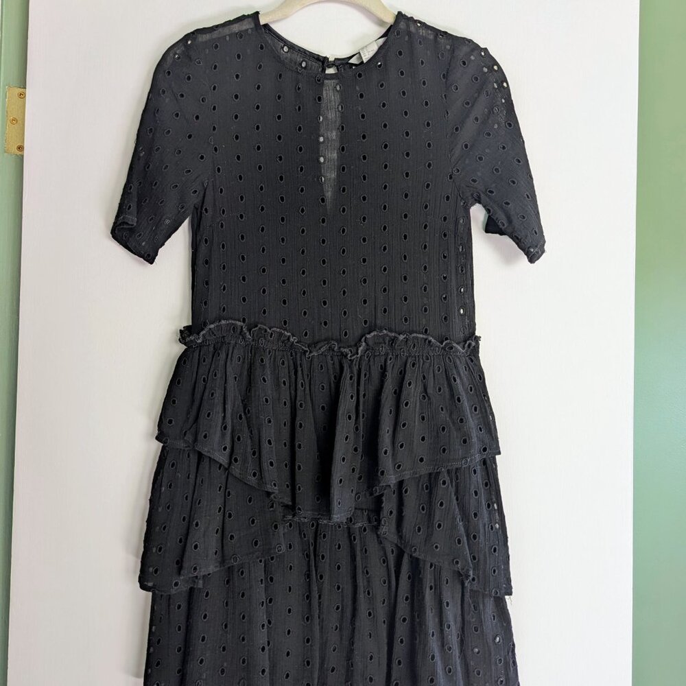 H&M Black Eyelet Tiered Style Ruffles Bohemian Short Sleeve Cotton Dress US 2